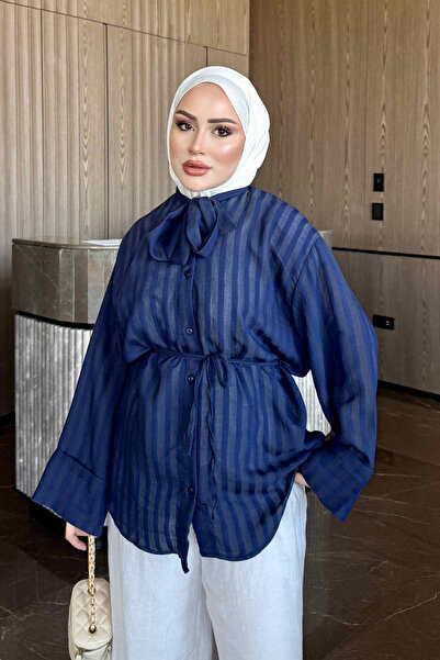 İmajButik Lacivert Yaka Bağlamalı Çizgili Gömlek