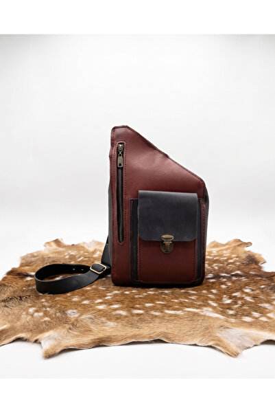 Taşhan Çarşı Özel Tasarım Hakiki Deri Unisex Çapraz Çanta 20x35cm - Bordo Siy...