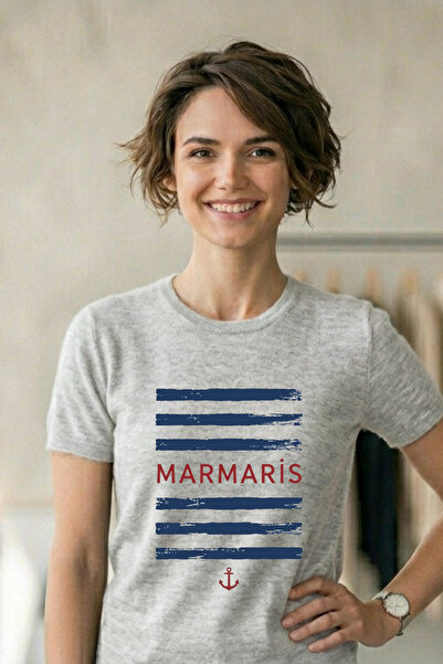 Baran Işık Marmaris Marine Themed Striped and Anchor Printed Unisex T-Shirt
