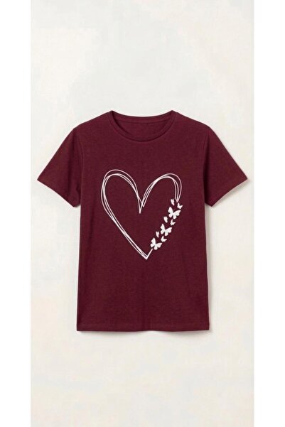 KOZİA OUTDOORS Women's Butterfly Heart Patterned Crew Neck Oversized T-Shirt