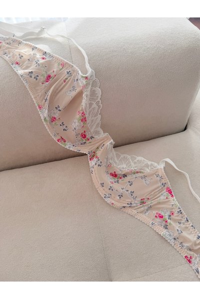 EDLİNGERİE Floral Reverie - Antique Rose Floral Patterned Lace Detailed Bralet Set