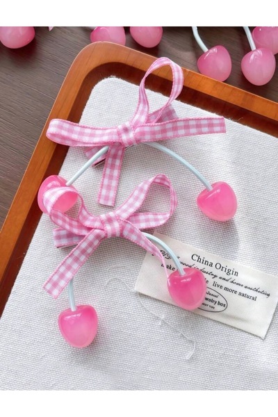 Mevohome Kiraz ve pötikare kurdele fiyonk figürlü pembe beyaz renk 9 cm çiftl...