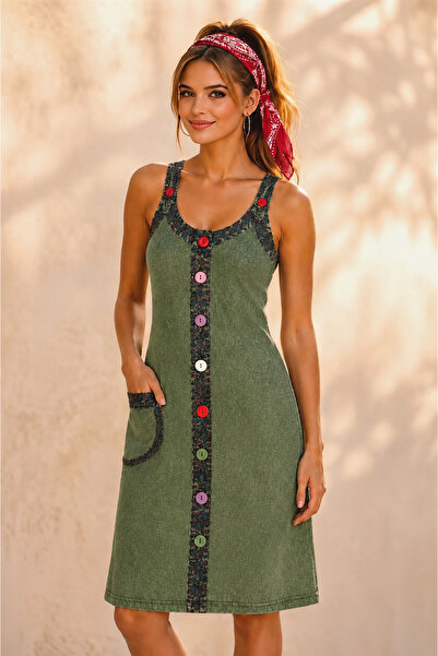 Boutique Juji BOHEM STİL AYARLANABİLİR ASKİ HAKİ MİDİ ELBİSE