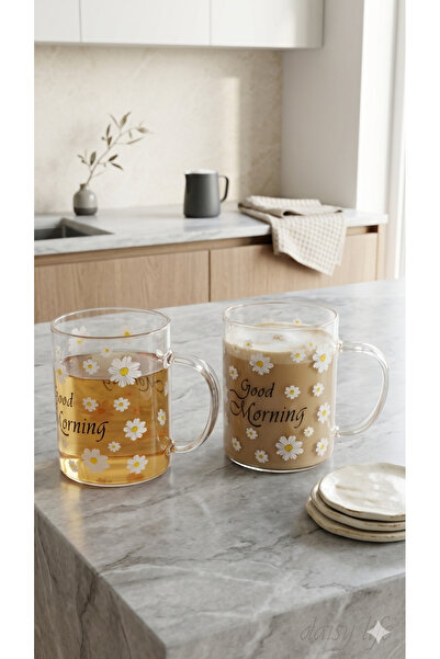 Dia Daisy Patterned Glass Mug Set 400 ml Glass Mug Set of 2 Glass Cups Good M...
