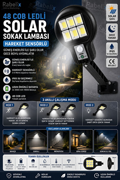 Rabelix Online Marketing 48 COB Led Solar Sokak Lambası Hareket Sensörlü 3 Mo...
