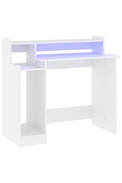vidaxl Birou cu lumini LED, alb, 97x90x45 cm lemn compozit