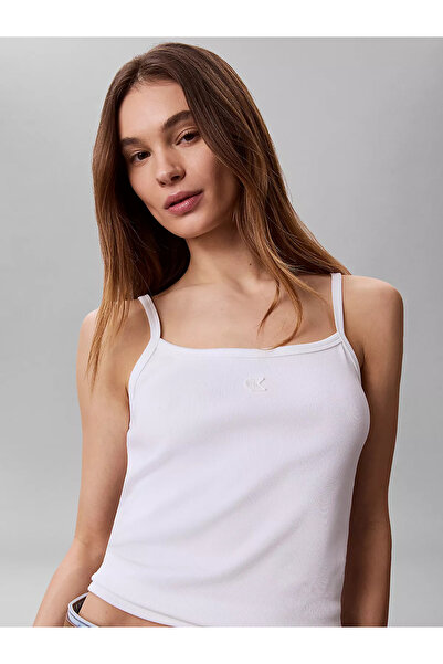 Calvin Klein Women's Rope Strap Square Neckline Ck Logo Embroidered White Tan...