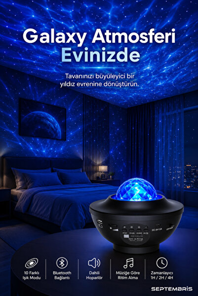 septembris NebulaSound Galaxy Projektör Bluetooth Hoparlörlü Yıldız Tavan Gec...