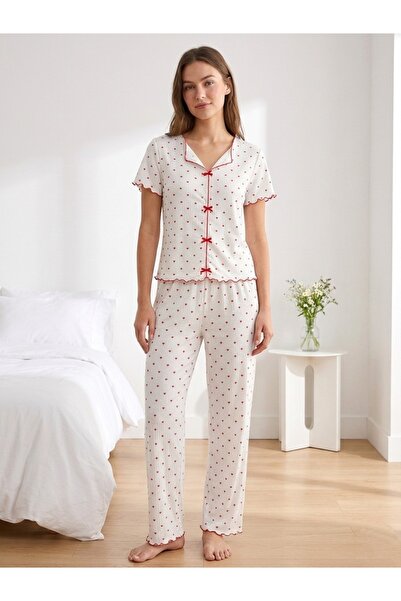 Sude HOMEWEAR Kadın Kırmızı Kalp Desenli Kurdeleli Kısa Kol Pijama Takımı