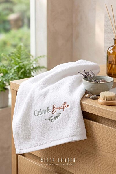 Sleep Garden 100% Cotton Embroidered Design Calm Breathe Written Pattern Hand...
