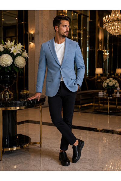 SELİM HAVAN Blue Textured Blazer Jacket Slim Fit Single Button Stylish Sports...