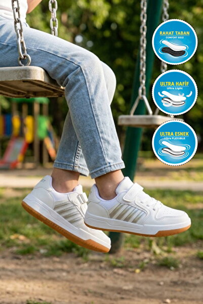 WALKWAY White-Silver Velcro Lightweight Flexible Boys' Sports Shoes Lafonten ...