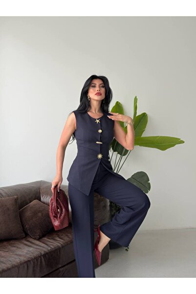 SUXİRCNHTMTS Asymmetrical Cut Design Buttoned Vest and Palazzo Trousers Two-P...