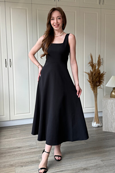 Dilay Gökoğlu Butik Elegant Square Neck Midi Flared Dress with Straps