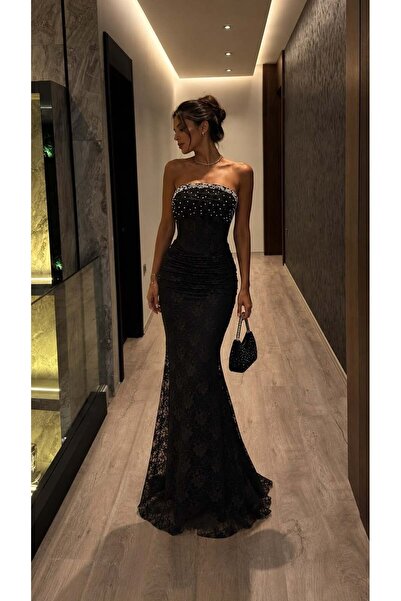 Modafeminen Siyah Dantelli İncili Abiye Elbise 583401