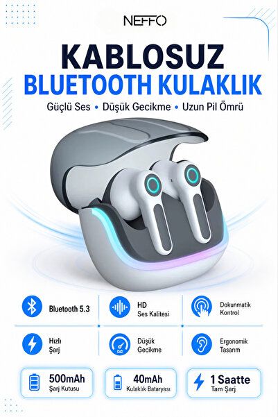 NEFFO RGB Led Işıklı Bluetooth 5.3 Ultra Düşük Gecikmeli Gürültü Önlemeli Gam...