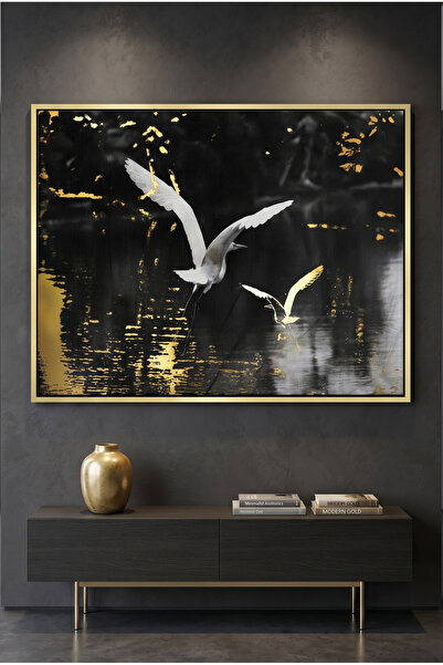 Jasmine Art Gold and White Heron Abstract Wall Art | Framed Canvas Print with...