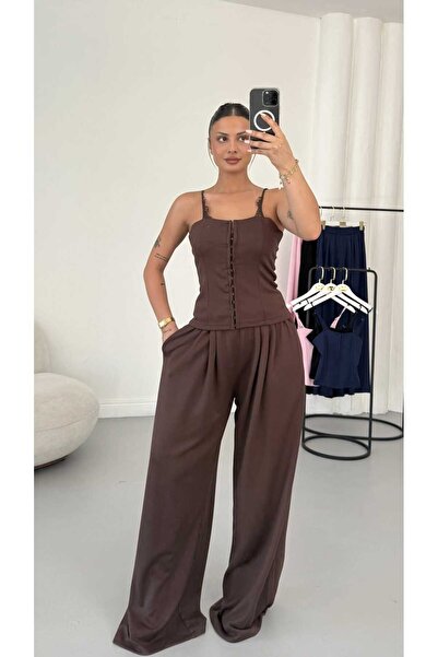 EVOA Women's Strappy Corset and Wide Leg Pants Set