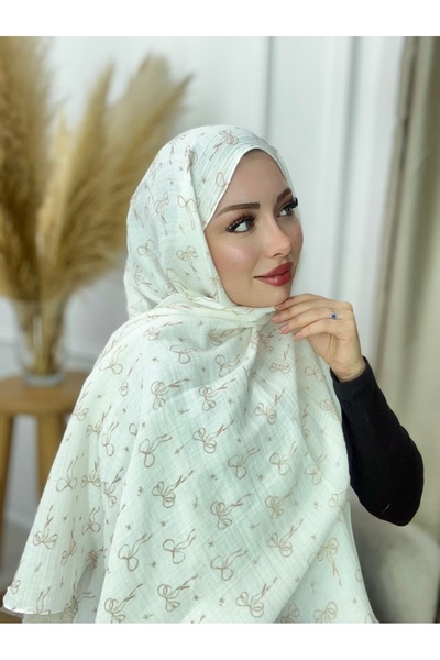 Noyan Scarfs Kapuçino Fiyonk Desenli %100 Doğal Pamuk Müslin Şal Beyaz