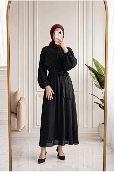 MİHRA STORE Teresa Ruffled Front Balloon Sleeve Voile Dress-Ek639 Black