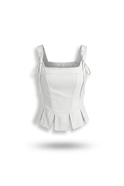 Sue Store Bež bluza od lana sa vezanim korzetom i remenčićima