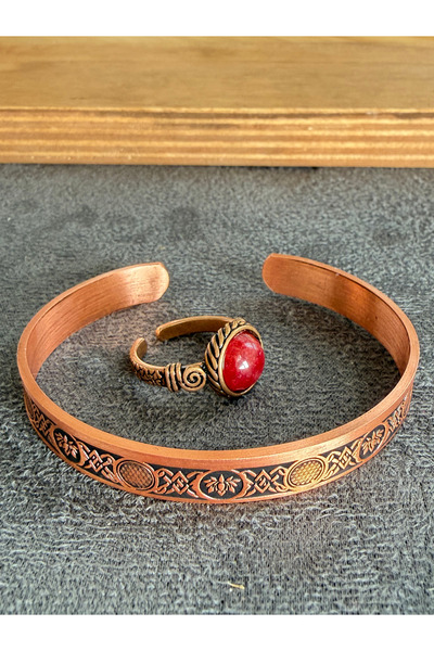 Rupen Kraft Handcrafted copper bracelet and natural stone ring set, adjustabl...