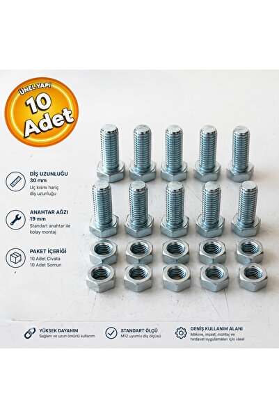 Norm NM1230 Galvanizli Çelik Cıvata Altı Köşeli Somun M12x30 mm Tam Paso DIN9...