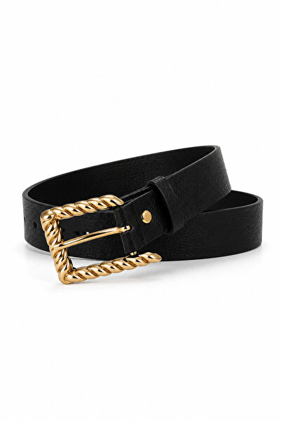 kemer krallığı Women's Black Gold Twisted Buckle Trousers and Waist Belt