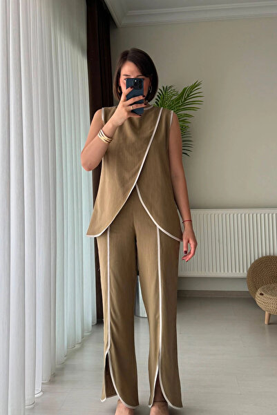 Kubos Moda Piping Vest Trousers Linen Khaki Double Suit