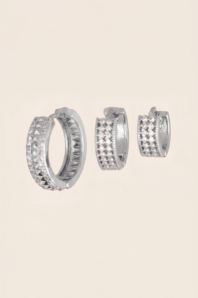 Hetra Silver Color Double Row Zircon Stone 3-Piece Hoop Earring Set