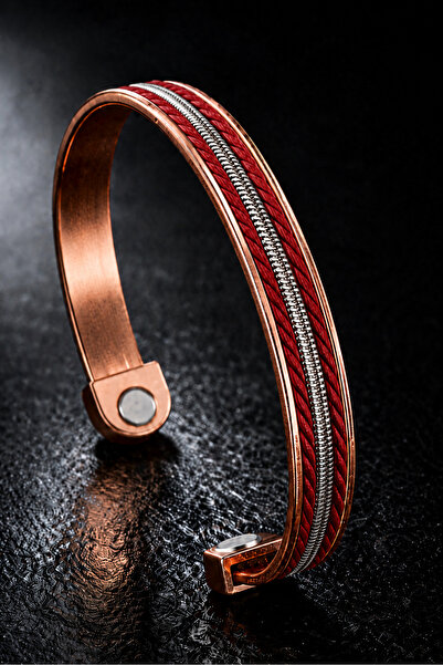 İyyaKee Men's and Women's Red Copper Bracelet with Leather Strips on Top, Ste...