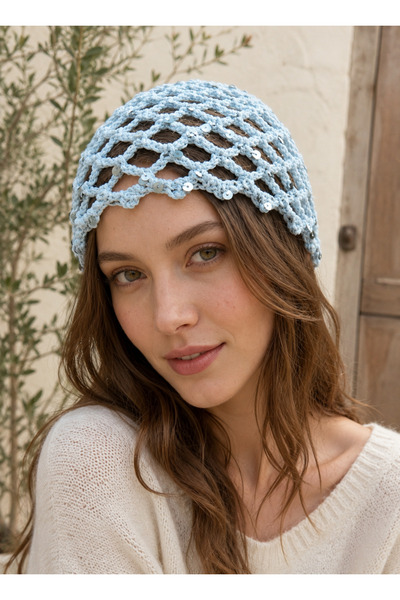 Handmade Efece Baby Wear Sequined Mesh Beanie, Hair Accessory, Blue Sequined ...
