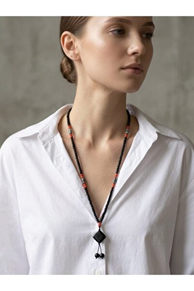 EsSo butik Women's Black Red Bead Sequence Geometric Pendant Necklace