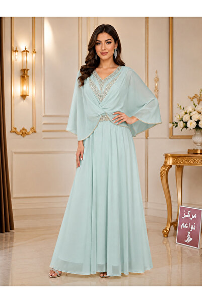 NAWAEIM Luxury Embroidery Sequined Long Gown Evening Dress Chiffon Fabric Cap...