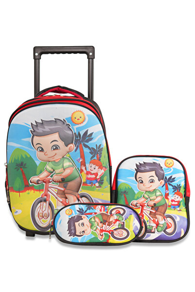 KTMC 3D Cartoon Bikes Tripple Backpack Set, Pen Bag, Lunch Bag, School Trolle...