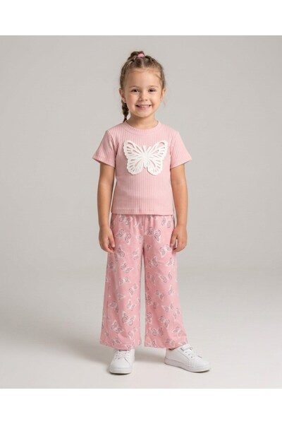 VOY KİDS Girl's Summer Muslin Trousers and Butterfly Embroidered T-Shirt 2-Pi...