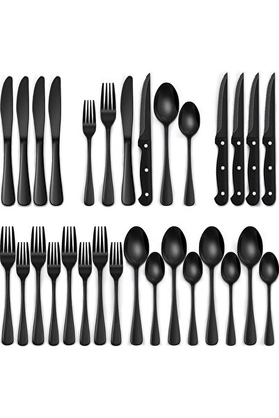 Yelajoy 24-Piece Black Silverware Set with Steak Knives, Black Flatware Set f...