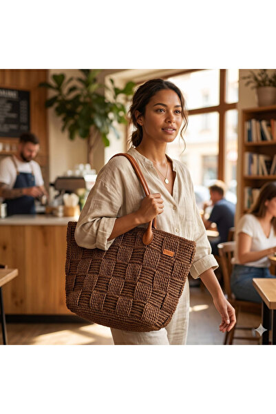 ATÖLYE MİLLA Ip Square Model Large Shoulder Bag in Brown Paper