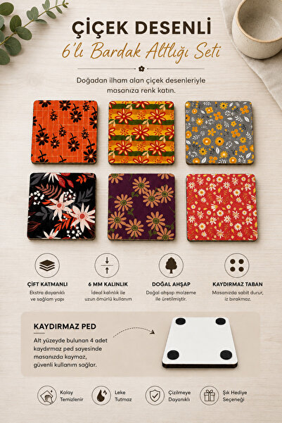 caps Flower Themed 10 X 10 cm Set of 6 Coasters