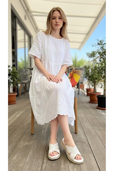 Mammamia D26Yt-1750 White Genuine Leather Full Orthopedic Women's Slippers