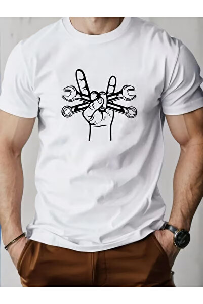 121 Men's Summer T-Shirt with Wrench Print, Round Neck, Short Sleeve