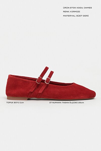 NİŞANTAŞI SHOES James Kırmızı Süet Hakiki Deri Çift Toka Düz Taban Kadın Babet