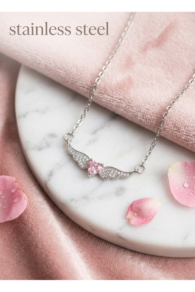 stainless steell 316L Steel Chain Silver Color Winged Pink Heart Model Necklace