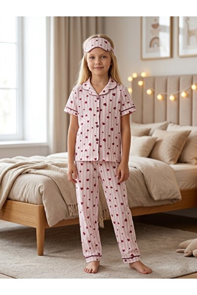 Enie Girl's Cotton Heart Patterned Striped Summer Pajama Set with Eye Patch