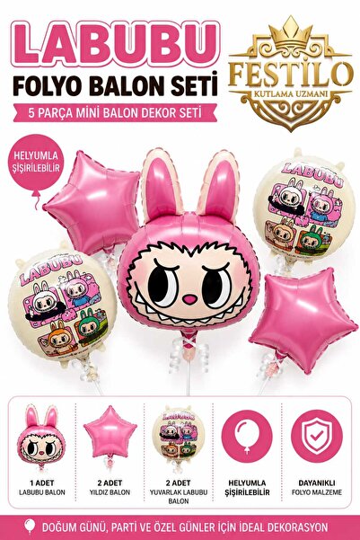FESTİLO Labubu Foil Balloon Set 5 Pieces Mini Party Decoration Balloon Orname...