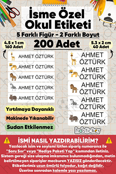 hdsticker 200 Adet Sevimli Hayvanlar Desenli İsme Özel Okul Etiketi Kişiye Öz...