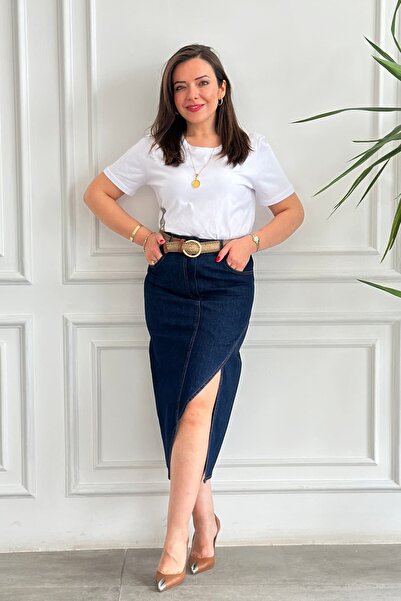 yb yağmur butik Self-Belted Low-Cut Denim Skirt