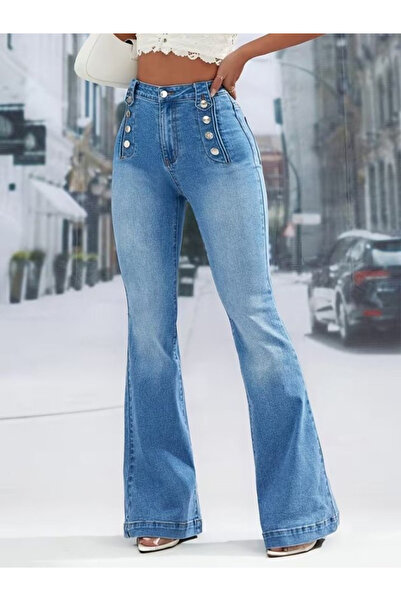 moda wanilia Women's High Waist Button Detailed Spanish Flare Jeans