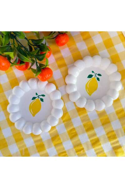 Candy Tasarım Limon Desenli El Yapımı Takı ve Sunum Tabağı Seti 2'li (Bardak ...