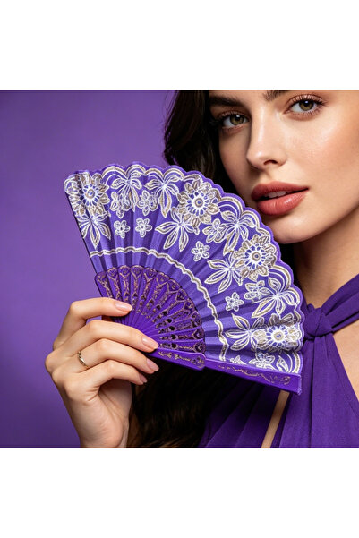 idei Evantai Pliabil Manual Satin Violet cu Imprimeu Floral Alb și Auriu, Eva...